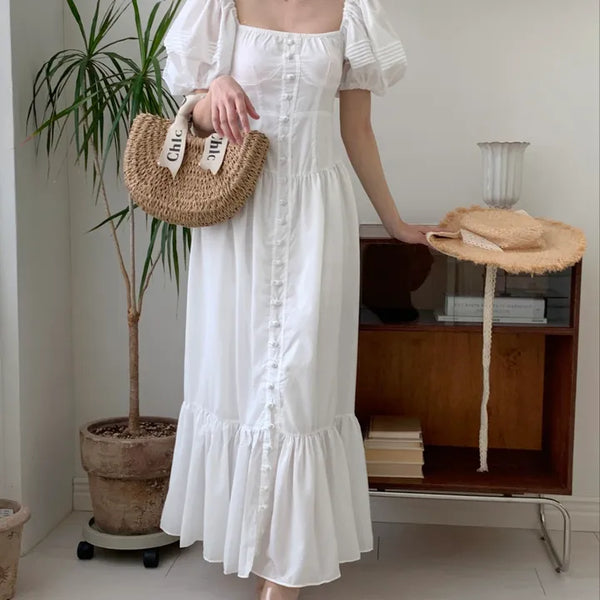 Short Sleeve Square Neck Maxi Long Dress White One Piece
