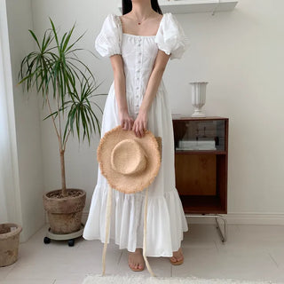Short Sleeve Square Neck Maxi Long Dress White One Piece