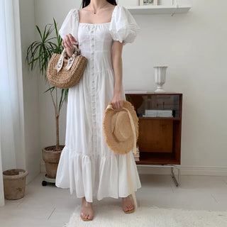 Short Sleeve Square Neck Maxi Long Dress White One Piece