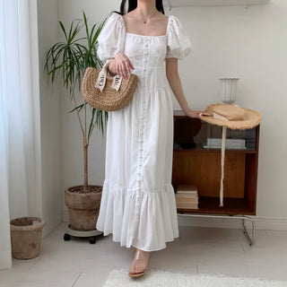 Short Sleeve Square Neck Maxi Long Dress White One Piece