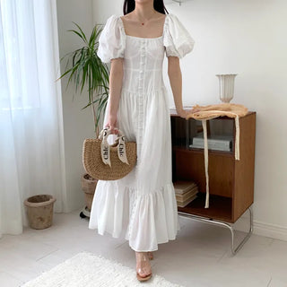 Short Sleeve Square Neck Maxi Long Dress White One Piece