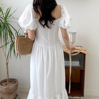 Short Sleeve Square Neck Maxi Long Dress White One Piece