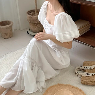 Short Sleeve Square Neck Maxi Long Dress White One Piece