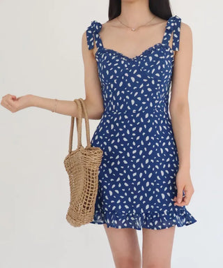 ribbon sleeveless nasi smoke dot polka dot mini short girl slim one-piece