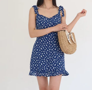 ribbon sleeveless nasi smoke dot polka dot mini short girl slim one-piece