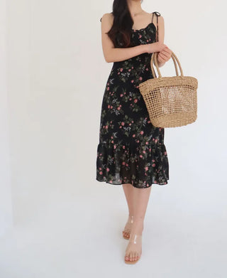 sleeveless string-neck floral chiffon long one-piece dress