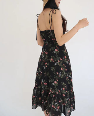 sleeveless string-neck floral chiffon long one-piece dress