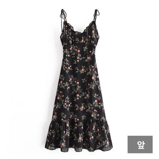 sleeveless string-neck floral chiffon long one-piece dress