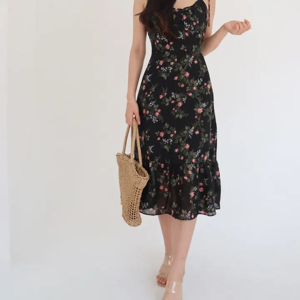 sleeveless string-neck floral chiffon long one-piece dress