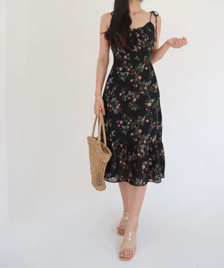 sleeveless string-neck floral chiffon long one-piece dress