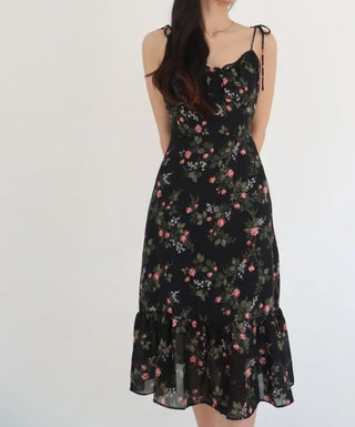 sleeveless string-neck floral chiffon long one-piece dress