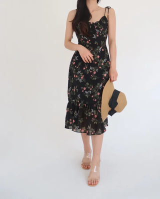sleeveless string-neck floral chiffon long one-piece dress