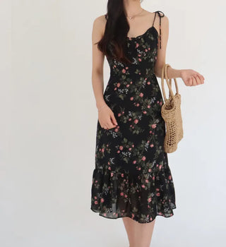 sleeveless string-neck floral chiffon long one-piece dress
