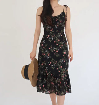 sleeveless string-neck floral chiffon long one-piece dress