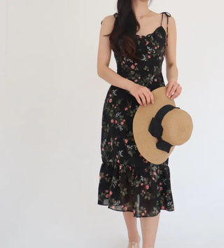sleeveless string-neck floral chiffon long one-piece dress