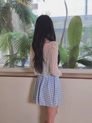 ☁️Blue gingham check loose fit one-piece swimsuit with see-through lace cardigan cover-up and built-in panties.