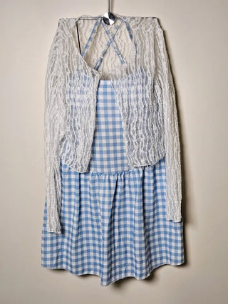 ☁️Blue gingham check loose fit one-piece swimsuit with see-through lace cardigan cover-up and built-in panties.