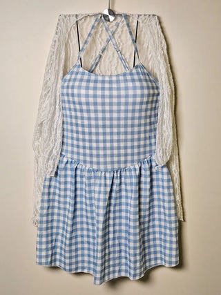 ☁️Blue gingham check loose fit one-piece swimsuit with see-through lace cardigan cover-up and built-in panties.