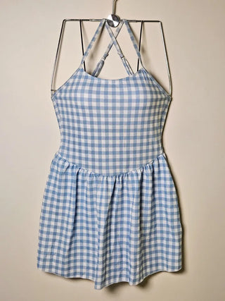 ☁️Blue gingham check loose fit one-piece swimsuit with see-through lace cardigan cover-up and built-in panties.