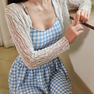 ☁️Blue gingham check loose fit one-piece swimsuit with see-through lace cardigan cover-up and built-in panties.