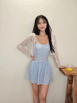 ☁️Blue gingham check loose fit one-piece swimsuit with see-through lace cardigan cover-up and built-in panties.