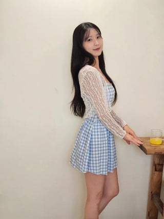☁️Blue gingham check loose fit one-piece swimsuit with see-through lace cardigan cover-up and built-in panties.