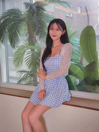 ☁️Blue gingham check loose fit one-piece swimsuit with see-through lace cardigan cover-up and built-in panties.