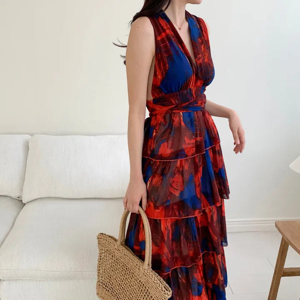 backless cancan tiered chiffon maxi long goddess dress