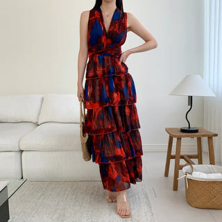 backless cancan tiered chiffon maxi long goddess dress