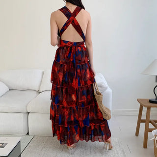 backless cancan tiered chiffon maxi long goddess dress