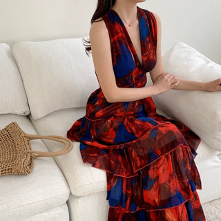 backless cancan tiered chiffon maxi long goddess dress