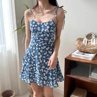blue flower slip string nasi chiffon banding one-piece dress