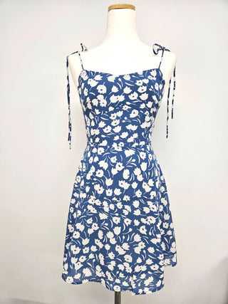 blue flower slip string nasi chiffon banding one-piece dress