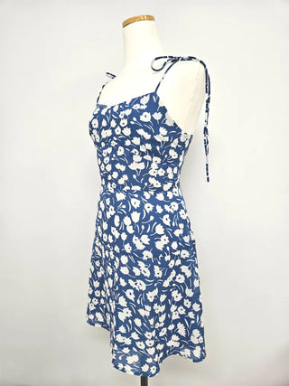 blue flower slip string nasi chiffon banding one-piece dress