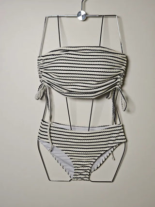 Black striped dangara tube top shirring crop pants and tummy tuck piece bikini swimsuit set