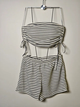 Black striped dangara tube top shirring crop pants and tummy tuck piece bikini swimsuit set