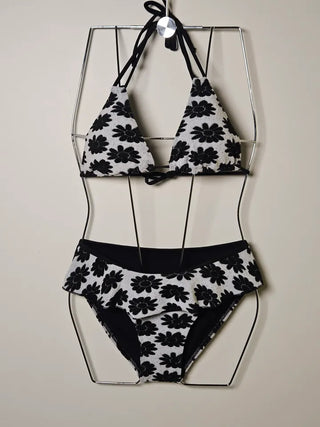 Black flower see-through cardigan frill body-covering piece halter neck sexy bikini set