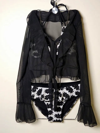 Black flower see-through cardigan frill body-covering piece halter neck sexy bikini set