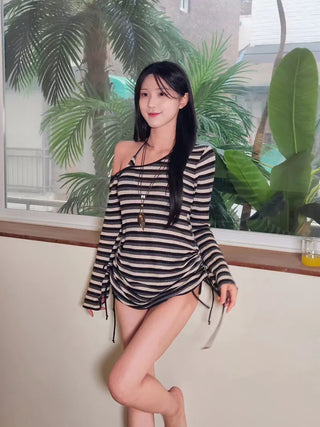 Off-shoulder black striped dangara striped knit shirring halter neck body cover piece cover-up bikini swimsuit set