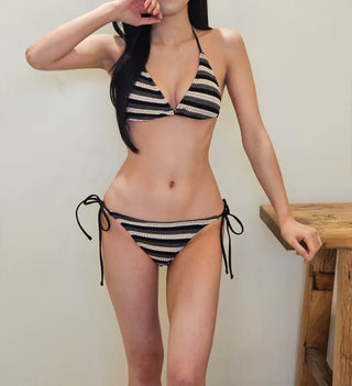 Off-shoulder black striped dangara striped knit shirring halter neck body cover piece cover-up bikini swimsuit set