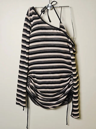Off-shoulder black striped dangara striped knit shirring halter neck body cover piece cover-up bikini swimsuit set