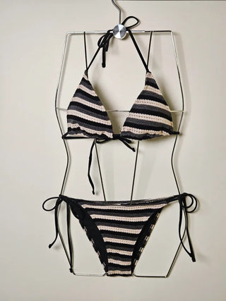 Off-shoulder black striped dangara striped knit shirring halter neck body cover piece cover-up bikini swimsuit set