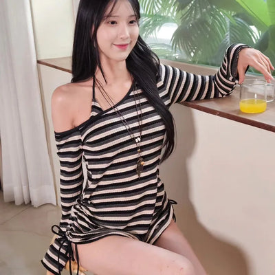 Off-shoulder black striped dangara striped knit shirring halter neck body cover piece cover-up bikini swimsuit set