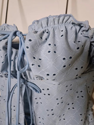 Pastel blue punching eyelet ribbon off-shoulder short-sleeve two-piece crop top bikini swimsuit