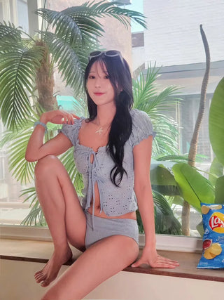 Pastel blue punching eyelet ribbon off-shoulder short-sleeve two-piece crop top bikini swimsuit