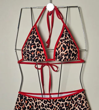 Hopi Red Color Block Flare Skirt with Built-in Panties Two-Piece Sexy Bikini Swimsuit Set