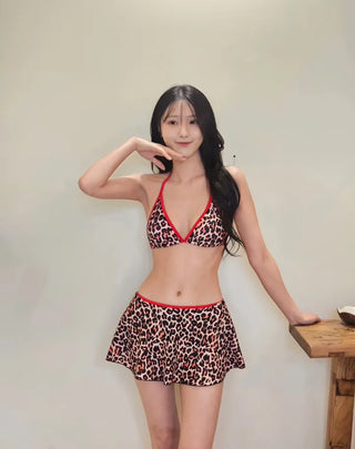 Hopi Red Color Block Flare Skirt with Built-in Panties Two-Piece Sexy Bikini Swimsuit Set