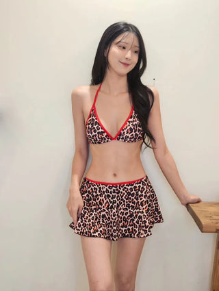 Hopi Red Color Block Flare Skirt with Built-in Panties Two-Piece Sexy Bikini Swimsuit Set