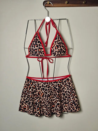 Hopi Red Color Block Flare Skirt with Built-in Panties Two-Piece Sexy Bikini Swimsuit Set