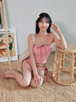 Red Stripe Ribbon Tube Top Crop Bikini Swimsuit Set